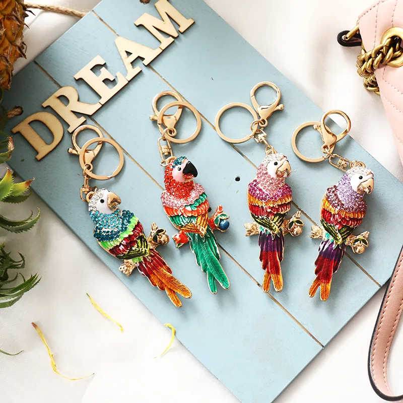 Fashion Rhinestone Crystal Colourful Parrot Keychain Cute Gold Color Animal Pendant Bag Car Key Chains Metal Keyring Accessories