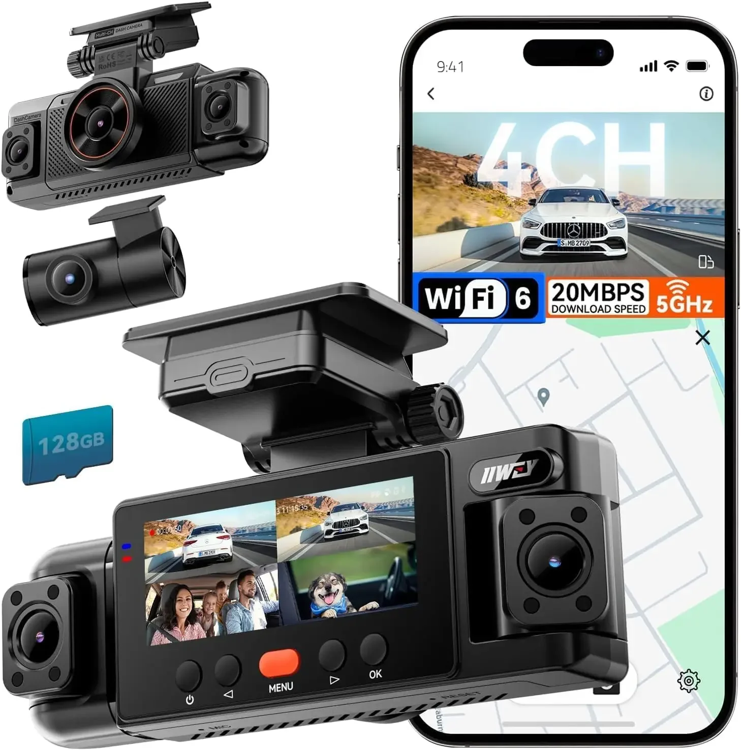 N6 360° Dash Cam 4 Channel, Free 128GB Card, 8 IR Lights Night Vision | 5.8G WiFi-6 (up to 20MB/s) with App, 24/7 Parking Mode,
