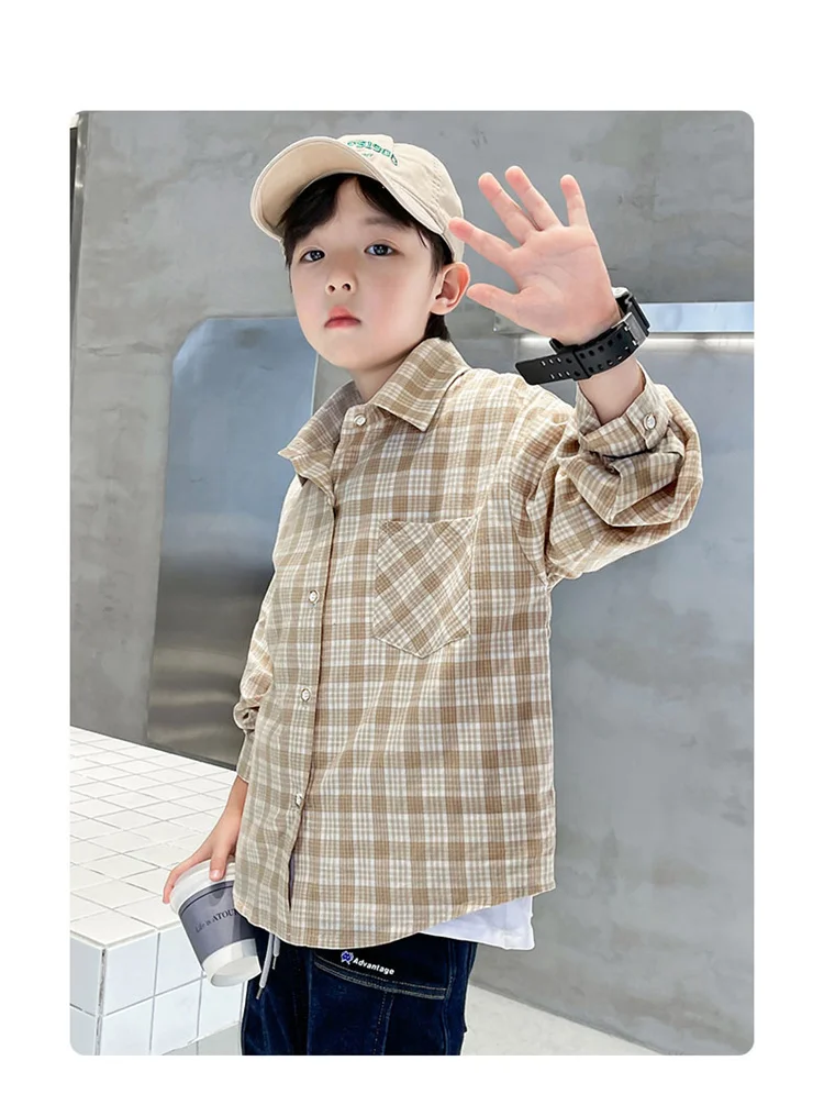 Neues Frühlings-Baumwoll-Langarmhemd für Jungen, Modische High-Street-Oberbekleidung, Oberteile für Teenager, Kariertes Streifenhemd, Alter 5-14 Jahre – Detail 25