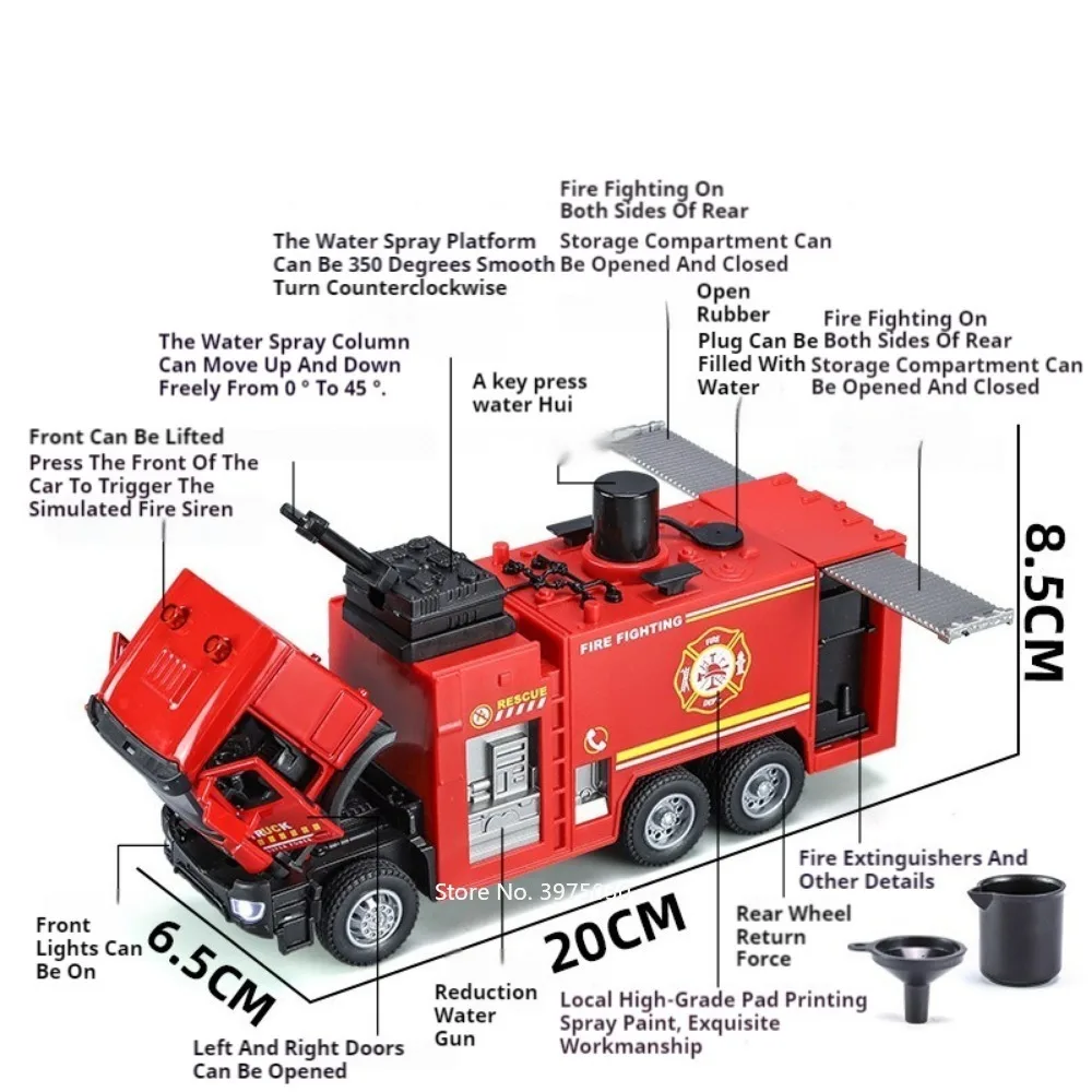 1/32 Ladder Truck Water Tanker Fire Toy Car Model Alloy Diecasting Sound Light The Car Door Can Be Opened Vehicles Birthday Gift