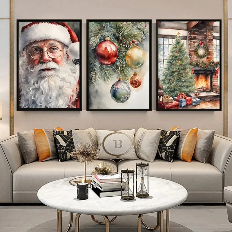 Santa Claus Watercolor Wall Art Canvas Painting Christmas Tree and Winter Snow Scene Print Poster Living Room Holiday Home Decor