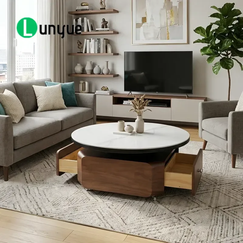 Durable Imitation Marble Top Wood Frame Convertible Nested Coffee Table Set Adjustable Height Retractable Removable Space