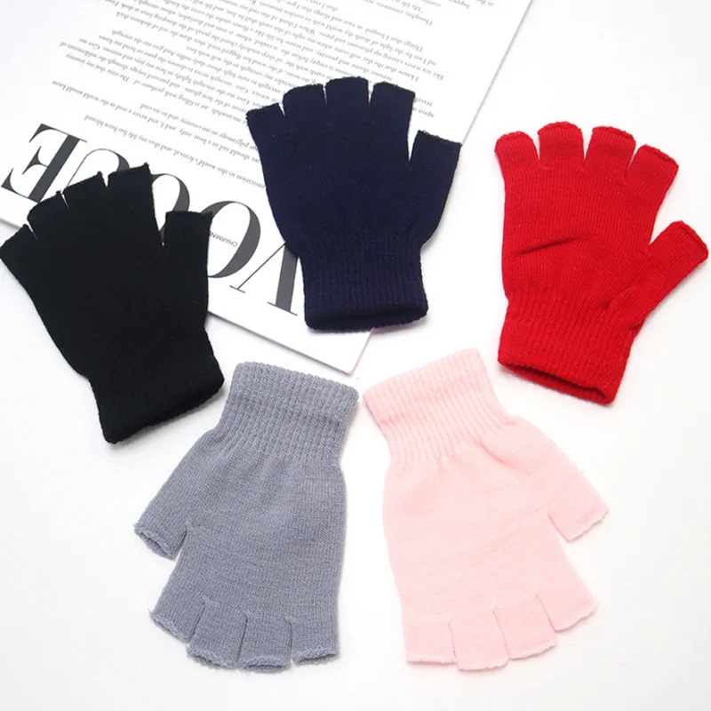 1pair Black Short Half Finger Fingerless Knit Wrist Glove Winter Warm Stretch Work Gloves for Women and Men Cycling Accessories