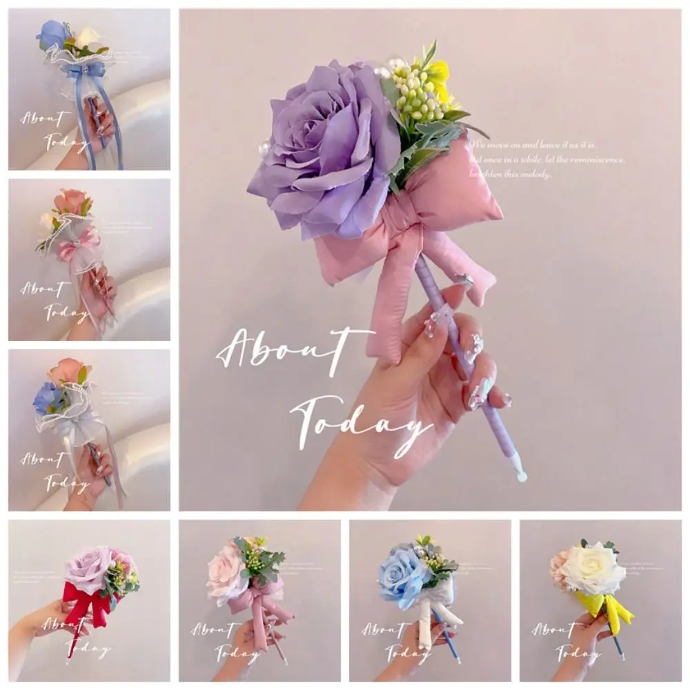 1 Pcs Handmade Super Beautiful Super Fairy Simulation Flower Rose Bow Signature Personality Practical High-End Ballpoint Pen