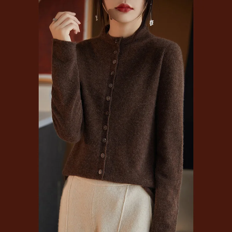 Women\'s Merino Wool Jacket Autumn/Winter Standing Collar Multi Button Knitted Sweater Fashion Luxury Wool Knitted Top Cardigan