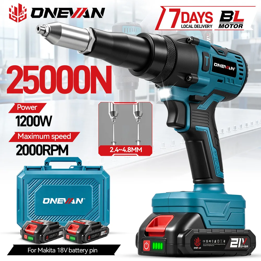 ONEVAN 588N.M 25000N Bürstenloser Elektrischer Nietpistole Kabellos Passend für 2,4-4,8mm Nieten Bohren Elektrowerkzeug für Industrielle Reparaturen für Makita 18V Akku