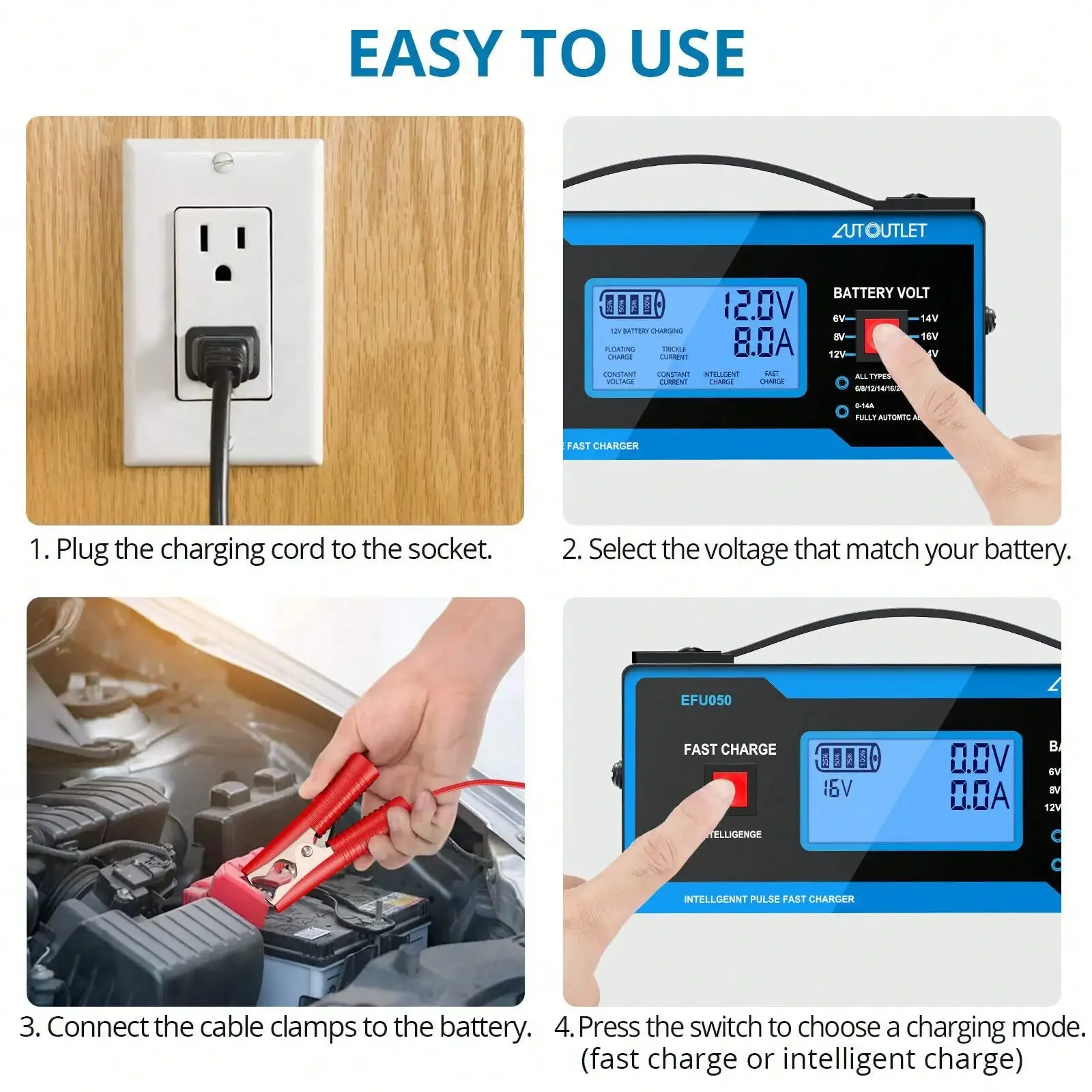 0-10A Fully Automatic Smart Car Battery Charger Maintainer Trickle Charger 6/8/12/14/16/24V Battery Charger with Cable Clamps