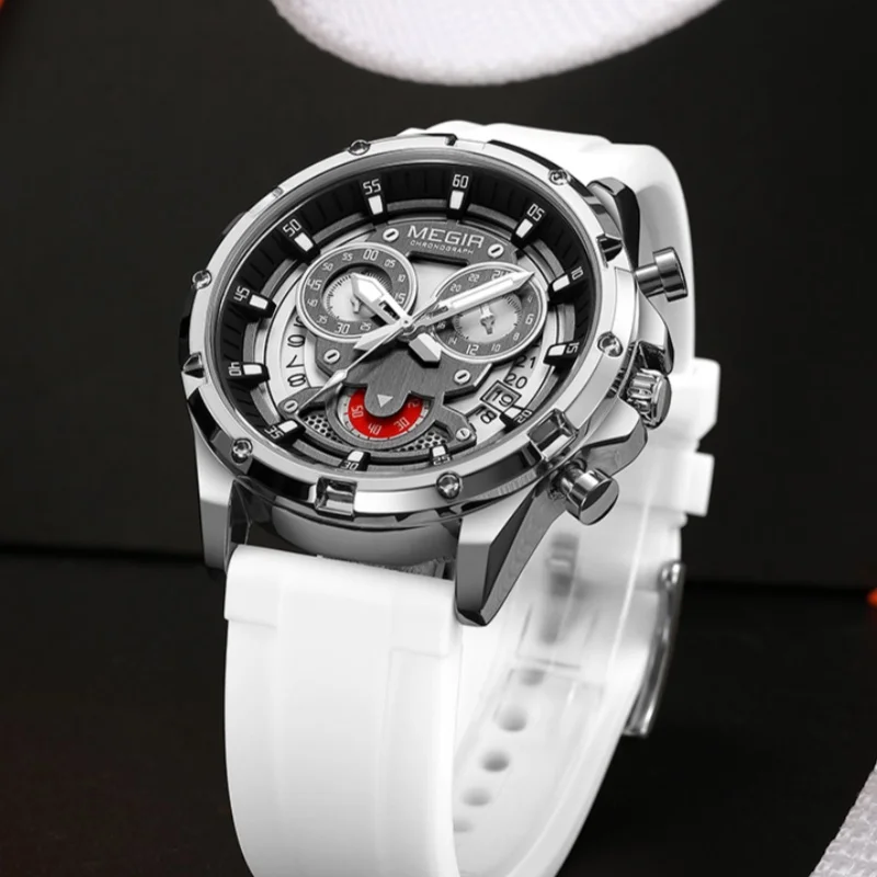 MEGIR 2248 ساعات كوارتز عصرية للرجل مضيئة كرونوغراف التقويم مقاوم للماء سيليكون حزام متعدد الوظائف ساعة رياضية للرجال