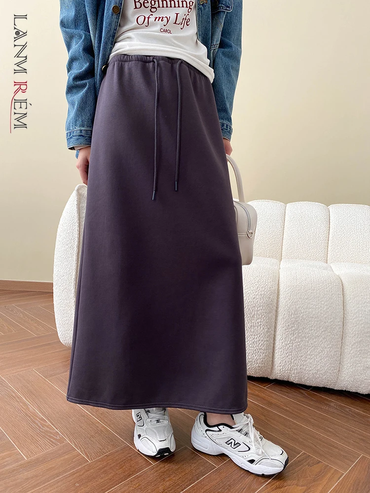 [LANMREM] Drawstring Design Thick Warm Skirts For Women Elastic High Waist Minimalism Skirt Female 2024 Winter New 26C1483