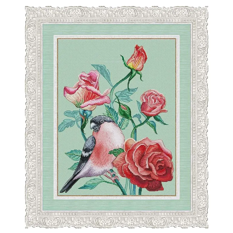 Fishxx Cross Stitch Kit Hand Embroidery D1017 Canary And Rose Light Green Embroidery Cloth