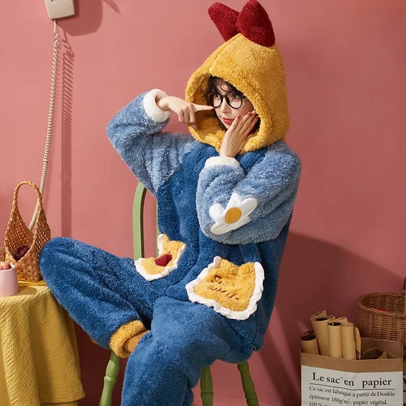Women Thickened Coral Fleece Long Nightgown Hooded Nightdress Loose Pajamas for Female Winter Plus Velvet Home Sleepwear Kawaii