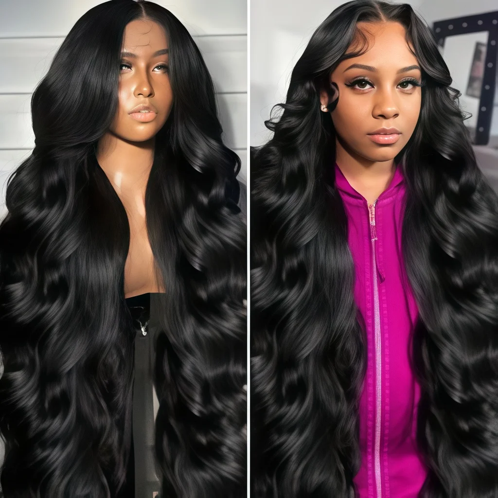 ナチュラルブラック-18～46インチ-ボディウェーブ人毛-生え際処理済み-7x6-360フロントウィッグ-密度220-13x4-13x6-hdレースウィッグ-女性用