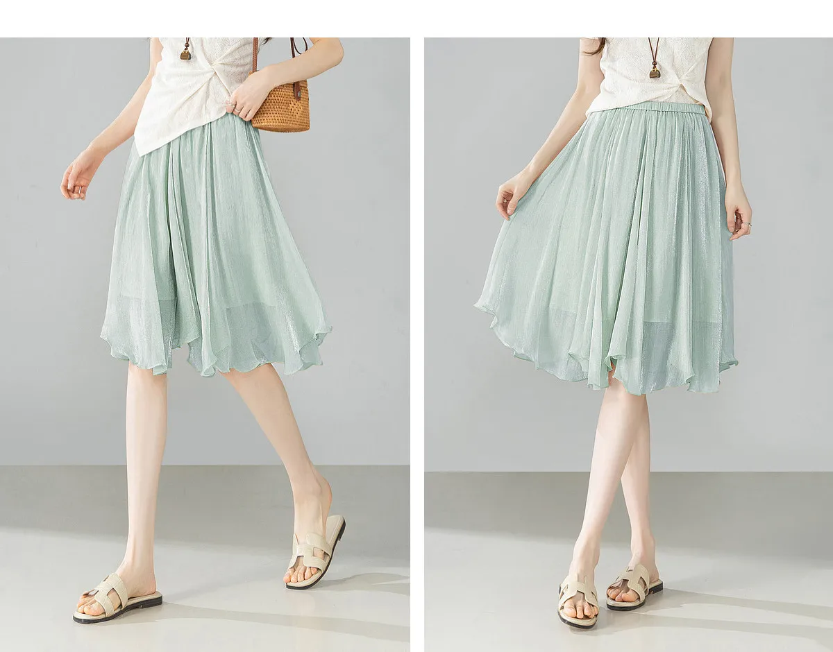 SENTUBILA Weißer Chiffon-Schimmerrock für Damen, Sommer 2026, Eleganter, Elastischer Bund, Unregelmäßiger, Lässiger Schirmrock Q62QG7308 – Detail 31