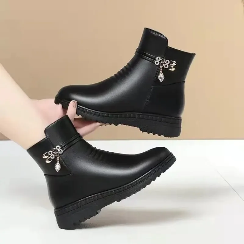 2024 Women Winter Casual Platform Block High Heels Ankle Boots Female Suede Fleece Zipper Buckle Warm Snow Boots Shoes