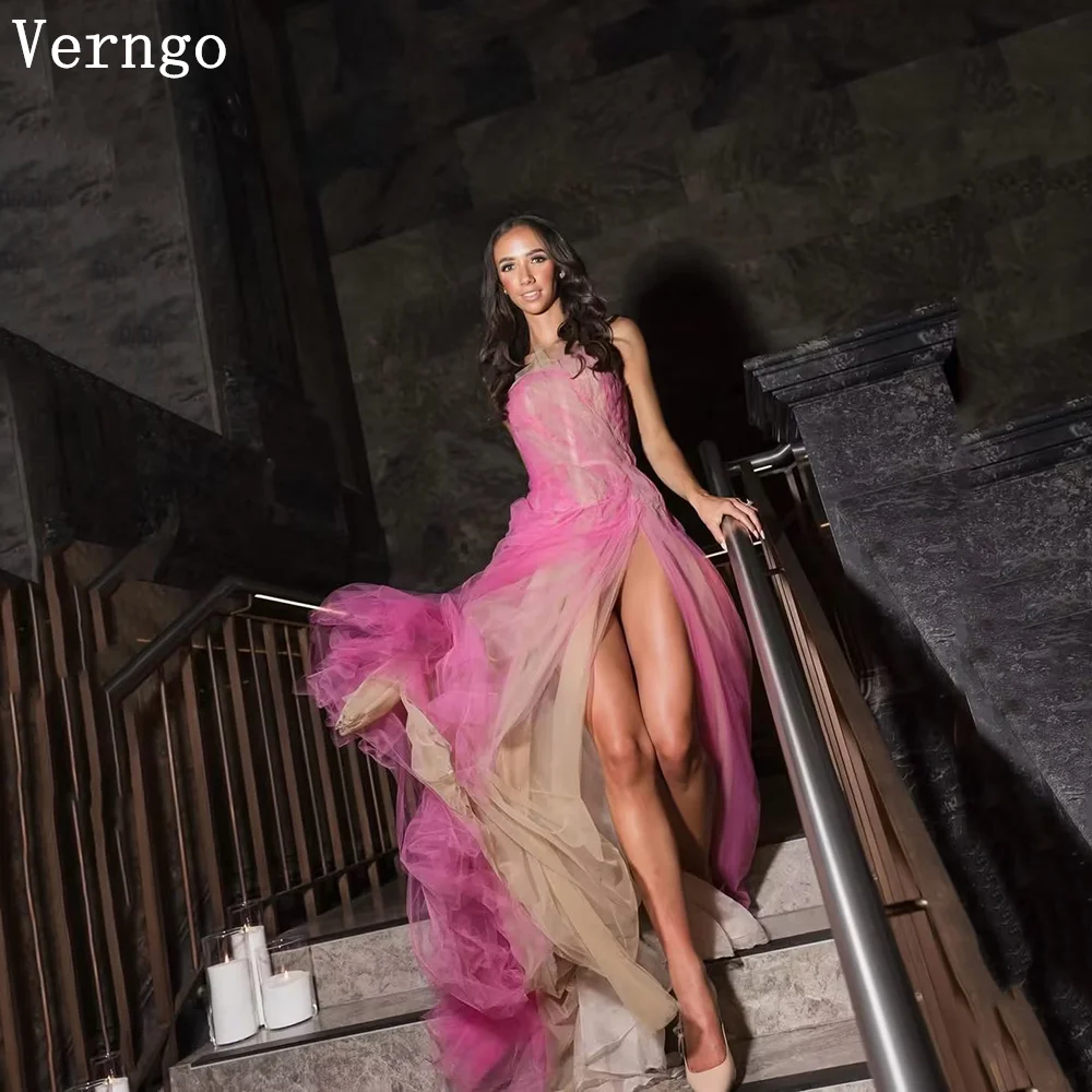Verngo Pink Tulle Evening Dress Strapless A Line Side Slit Prom Dresses Modern Holiday Party Gowns 2026 Customized