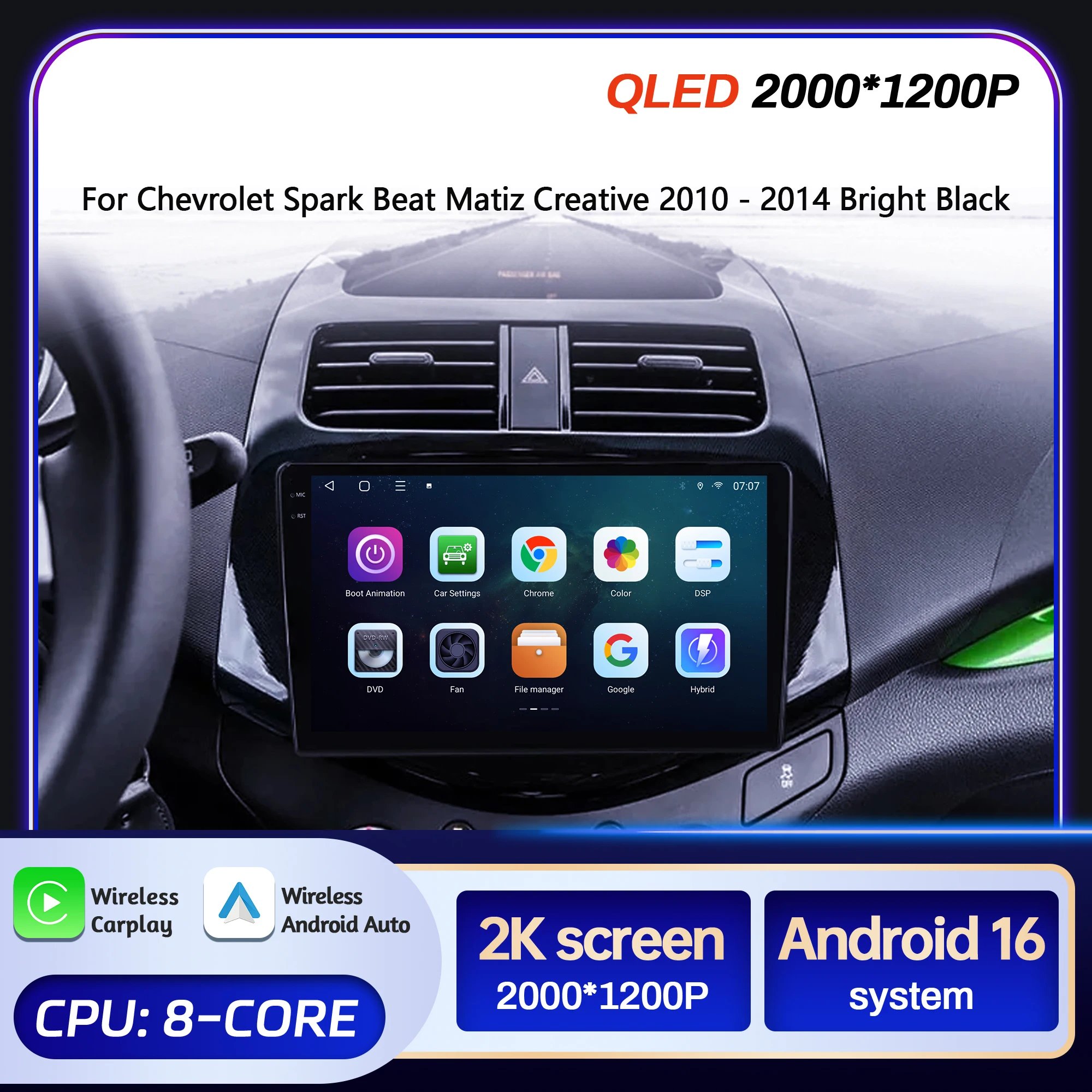 9inch Car Radio For Chevrolet Spark Beat Matiz Creative 2010-2014 Bright Black BT Carplay Android 16 Multimedia 2K QLED Screen