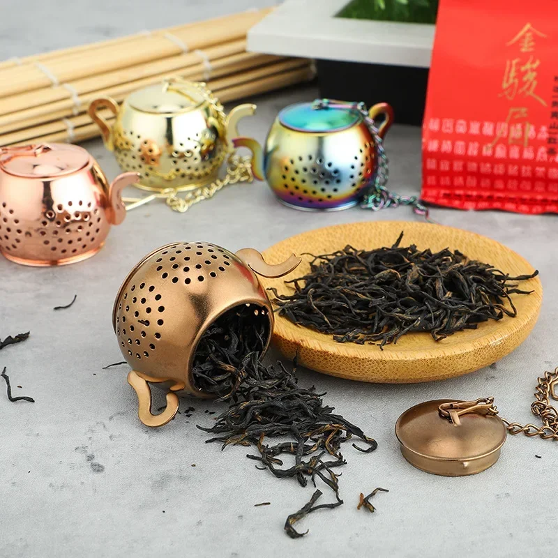 Metal Tea Strainer Teapot Shape Loose Tea Infuser Stainless Steel Leaf Tea Maker Strainer Chain Drip Tray Herbal Spice Filter