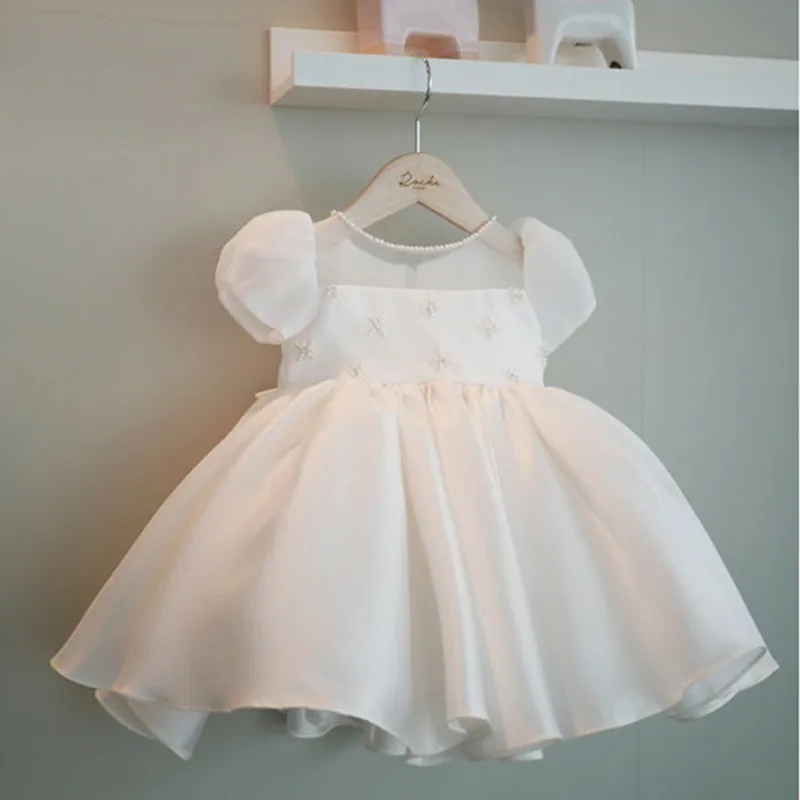 Pearl Baby Wedding Dress Satin 1 years Toddler Birthday Party Gown White Girls Holiday Ceremony Clothes 1-8T