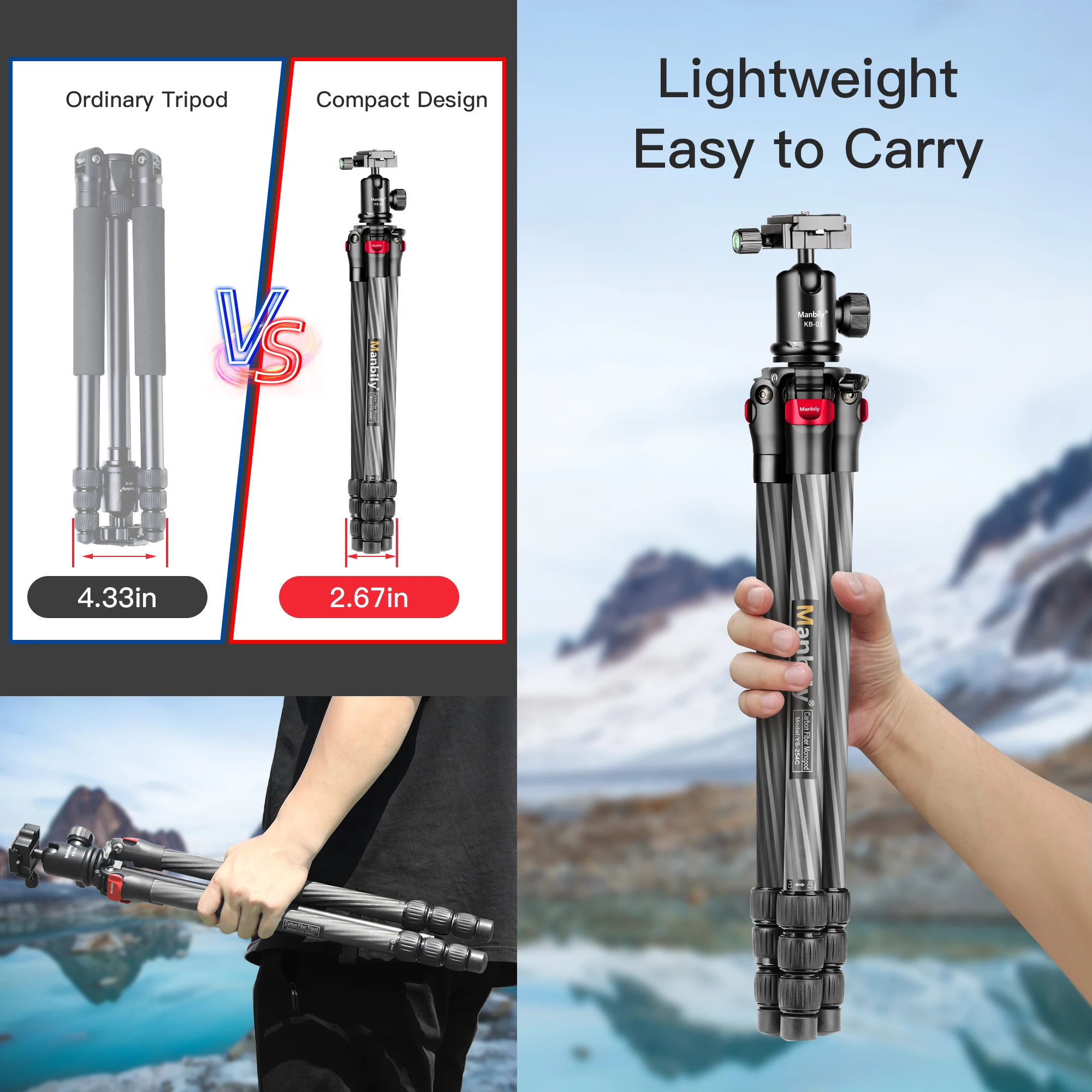 Manbily Camera Tripod Carbon Fibre/Aluminium Lightweight Travel Tripod For DSLR Digital Cameras With Panoramic Ballhead