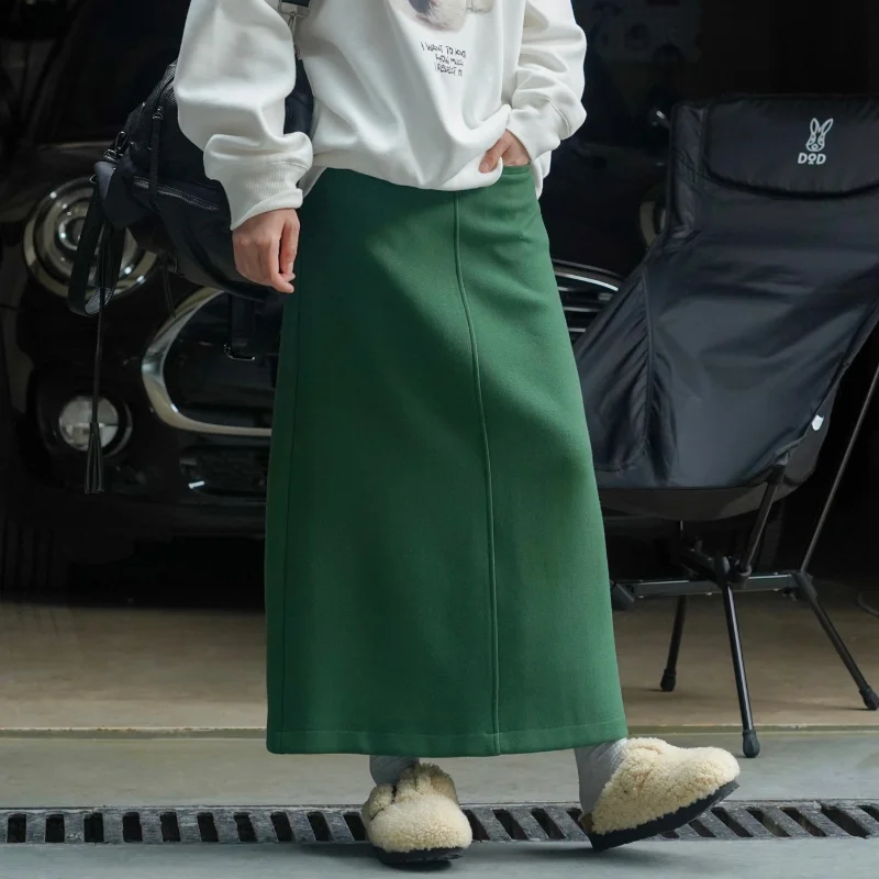 

Woolen Slit Skirts Women Green Winter High-waisted Fashion Simple Straight Back Long Skort Black Hip-covering Solid Lazy Style