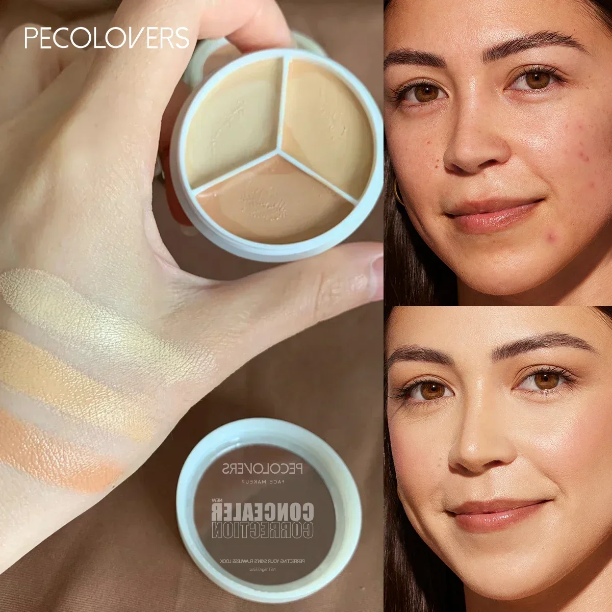 Waterdicht, langdurig 3-kleuren mat crème concealerpalet, gemiddelde dekking voor alle huidtypes