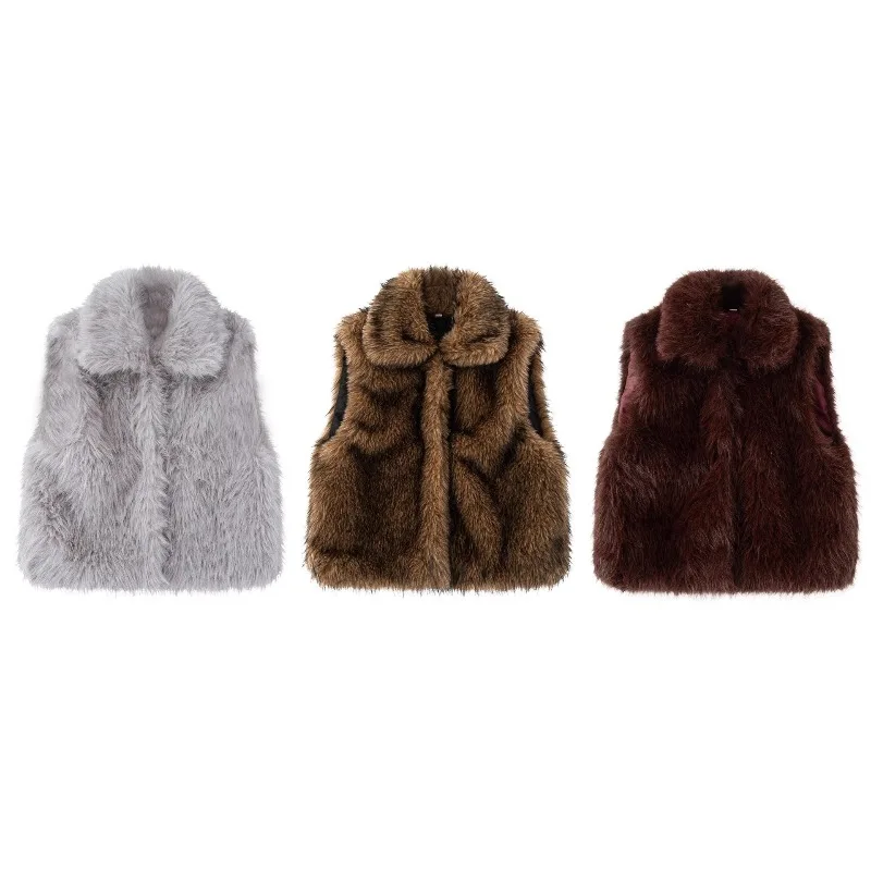 

Жилеты из искусственного меха с короткими лацканами, однотонная женская меховая куртка без рукавов, осень 202, стильное коричневое меховое пальто, уличная одежда, пушистые кардиганы