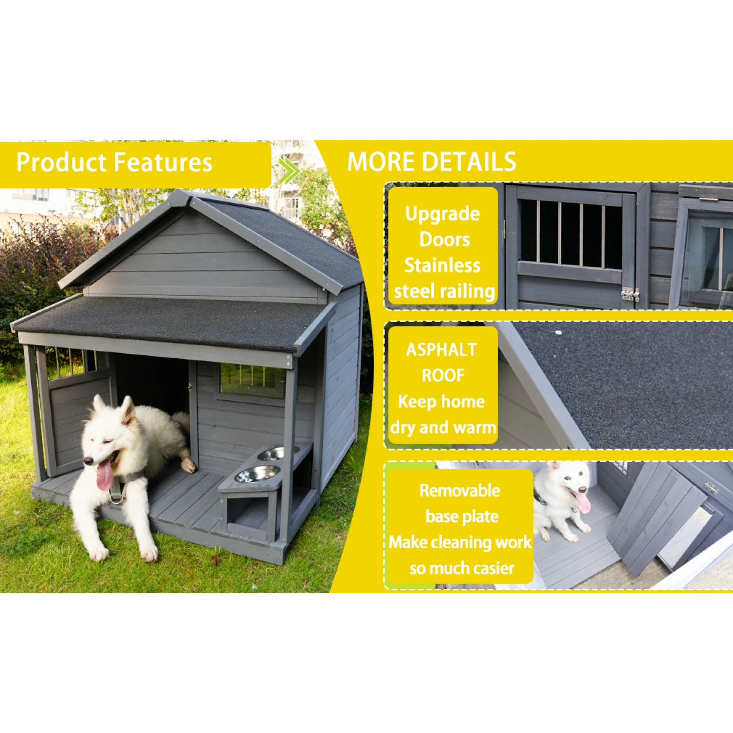 

Large Weatherproof Solid Wood Dog House with Terrace for Large Dogs