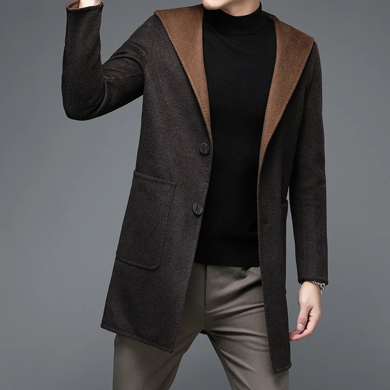 

Тихое роскошное мужское кашемировое пальто с капюшоном, двустороннее шерстяное пальто, черно-желтая одежда, зимне-осенний теплый наряд