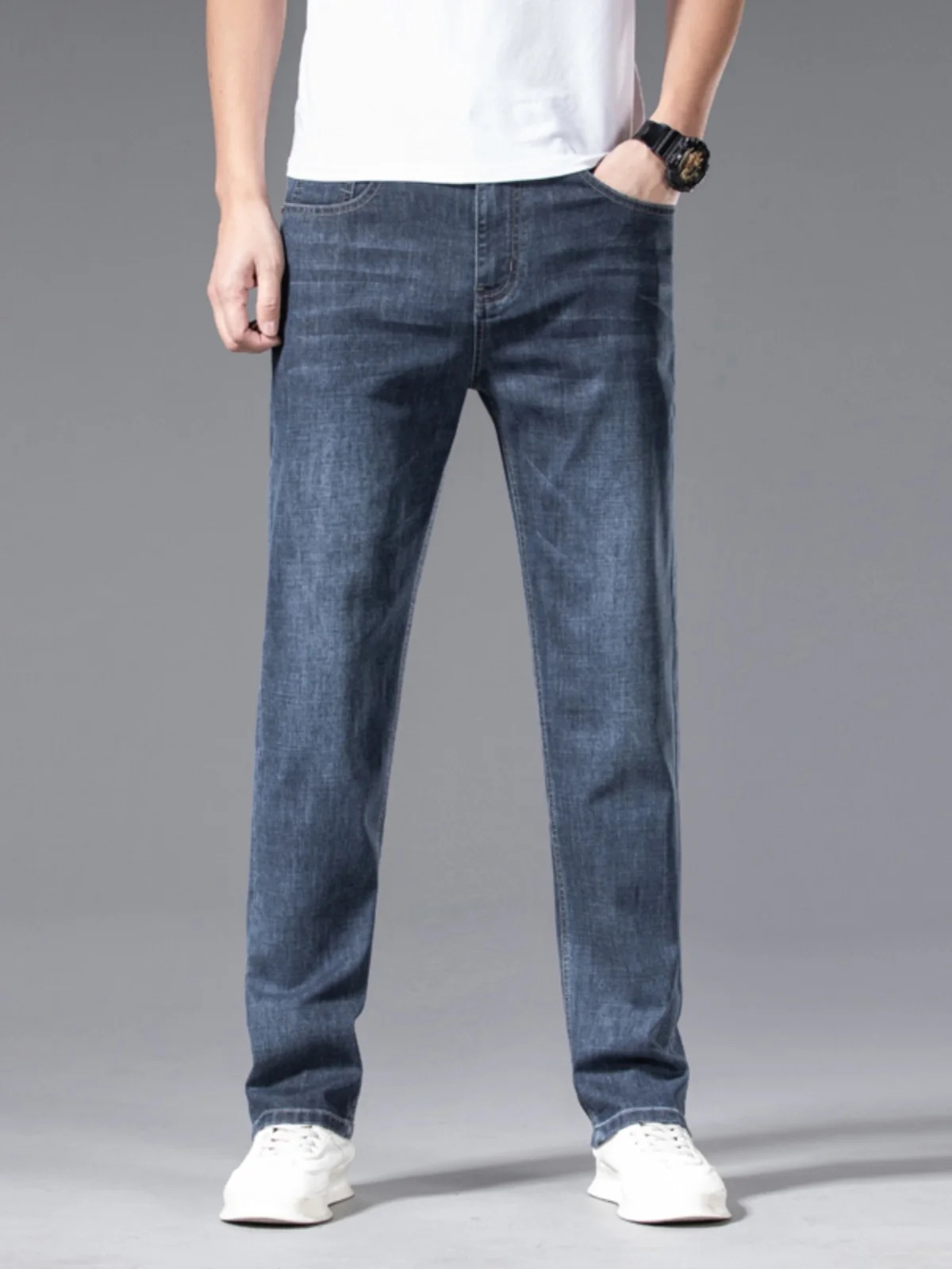 Spring New Style High-End Slim Straight Stretchy Men's Jeans Mid-Waist Washed Versatile Simple Long Trousers Trendy