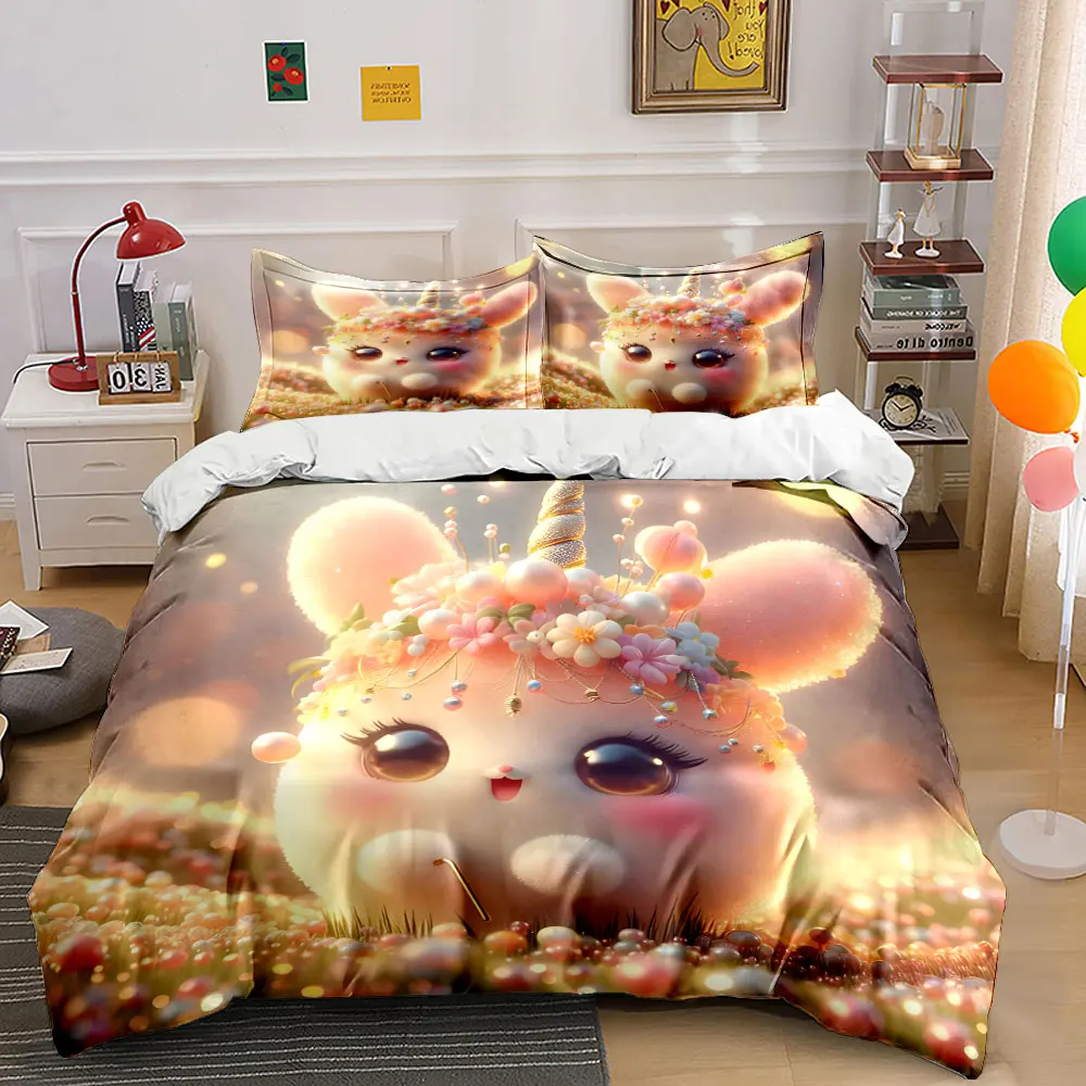 Dreamy rabbit with floral crown Print Bedding Set 1 Duvet Cover 2 Pillowcases for Adult and Children Luxury Gift Full Size