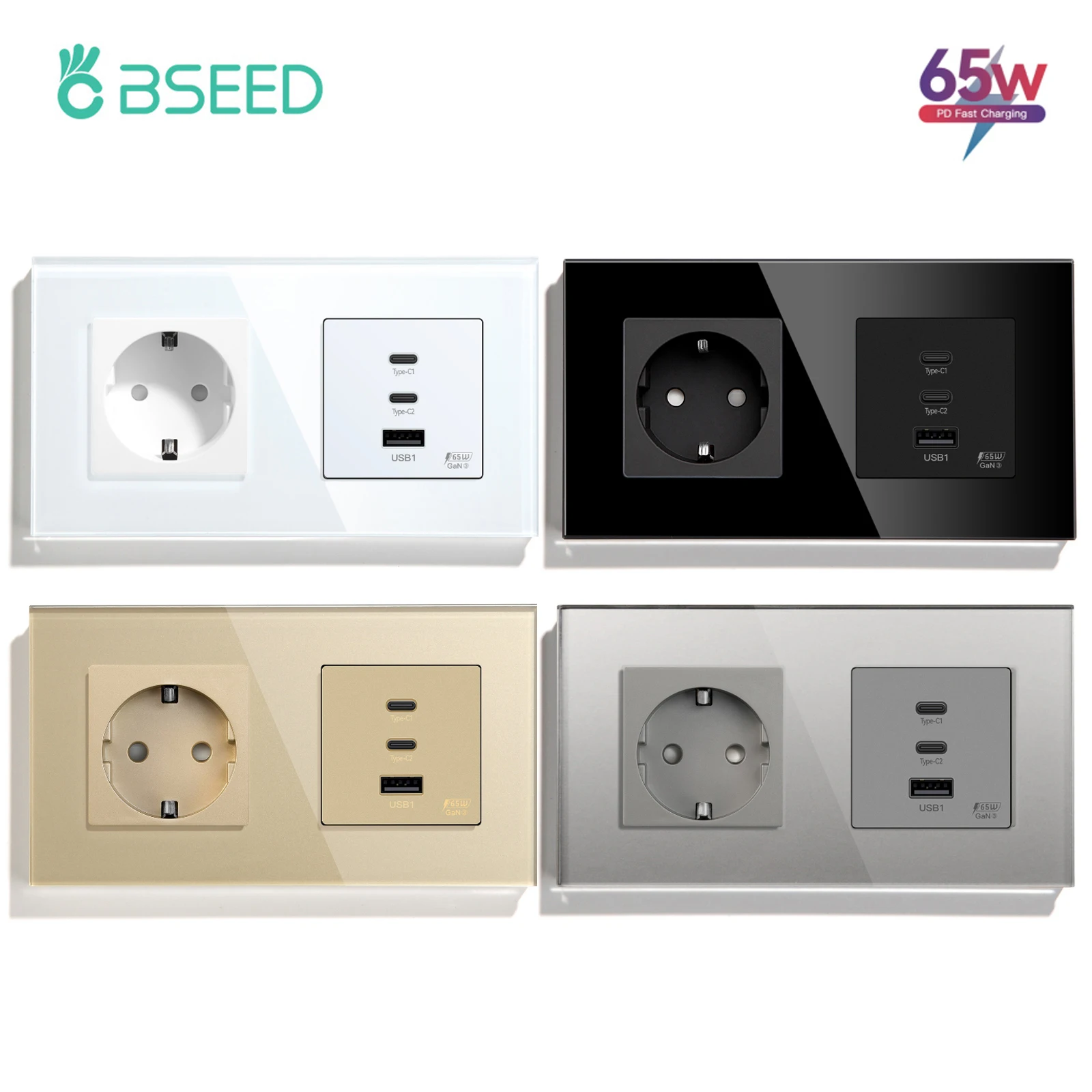 BSEED GaN3 Universal Socket 65W PD Fast Charge Port USB Type-C Quick Charge With Wall Power Socket Glass Panel 100V-240V