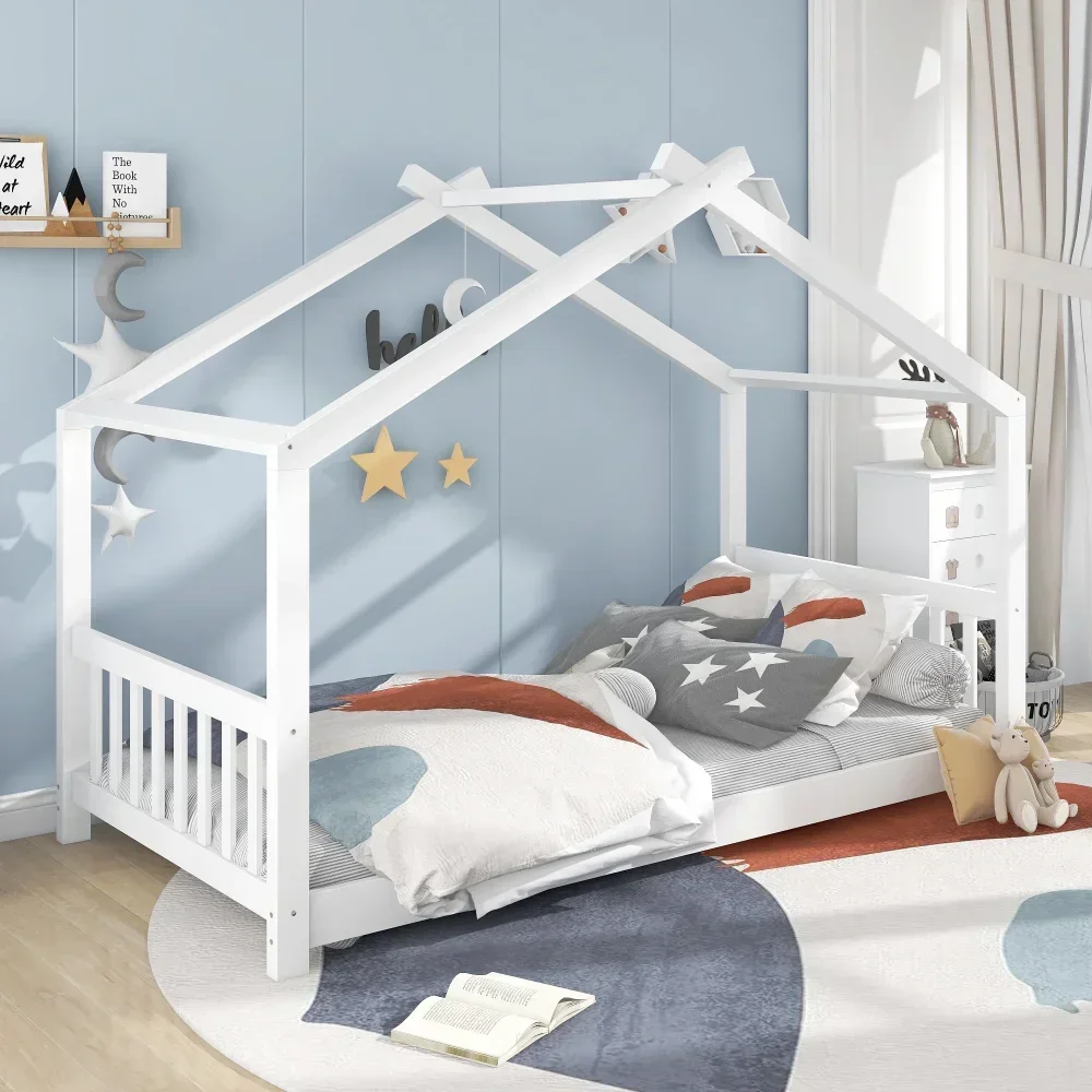 Letti per bambini bianchi, letto per bambini a basso profilo, letto a doppia piattaforma a forma di casa in legno per bambini, senza bisogno di molle