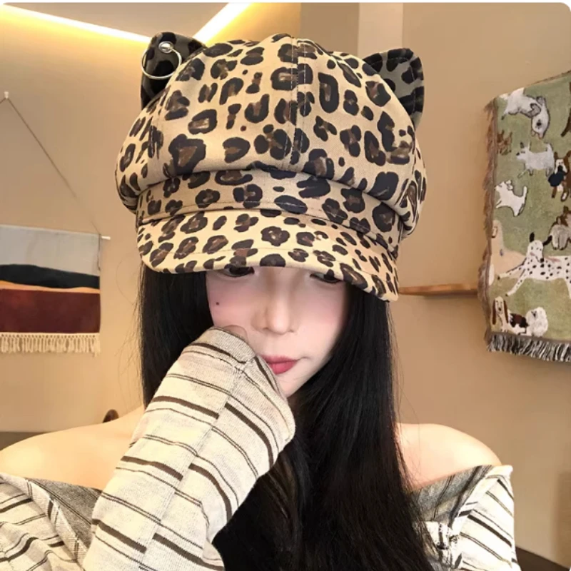 

Американская кепка-газетчица Y2K с кошачьими ушками и леопардовым принтом, восьмиугольная, женская, весенне-летняя, универсальная, в стиле художника