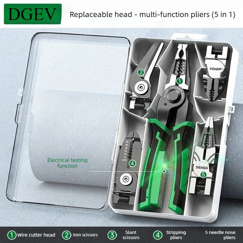 DGEV Professional 5-in-1 multifunctionele zware gereedschapset, inclusief een duurzame tang met tweekleurige PVC-handgreep