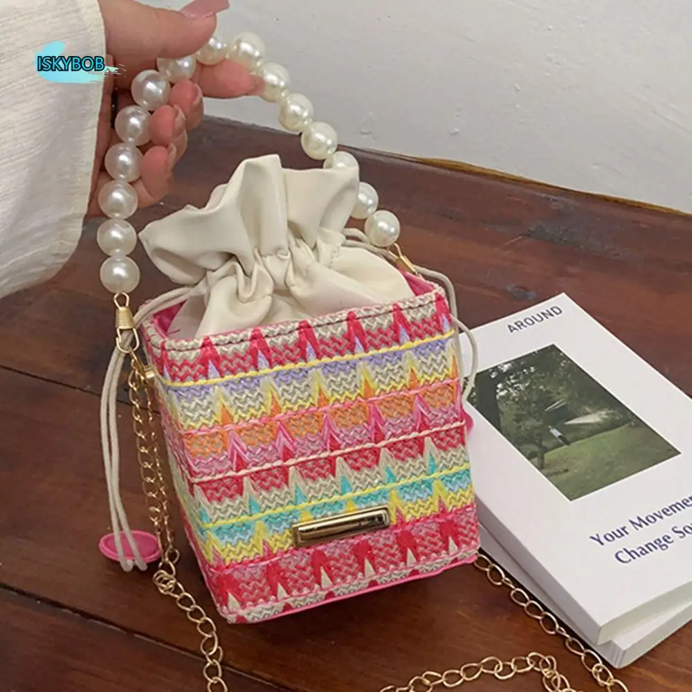 

Trendy Bohemian Straw Shoulder Bag Elegant INS Drawstring Bucket Bag Lightweight Casual Weave Tote Bag Daily Use