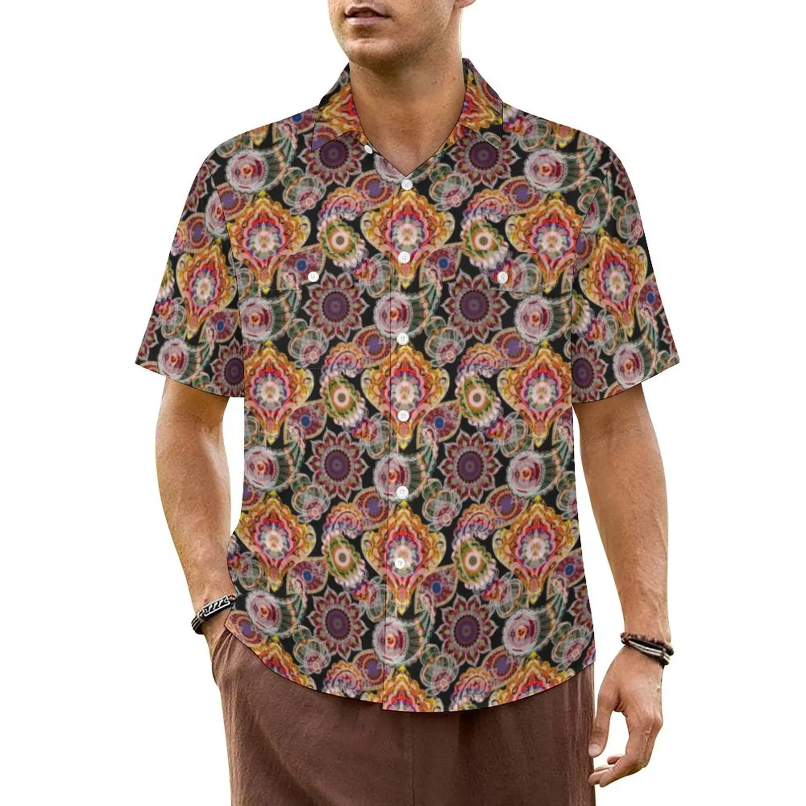 Vintage Mandala Print Summer Shirt For Male Beach Paisley Design Casual Shirts Short Sleeves Street Style Cool Oversized Blouses