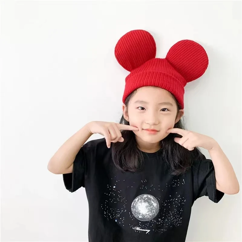 Cartoon Mickey Ears Parent-Child Knitted Hat Children Minnie Mouse Cap Bow Mickey Beanie Hats Boys Girls Winter Warm Wool Caps