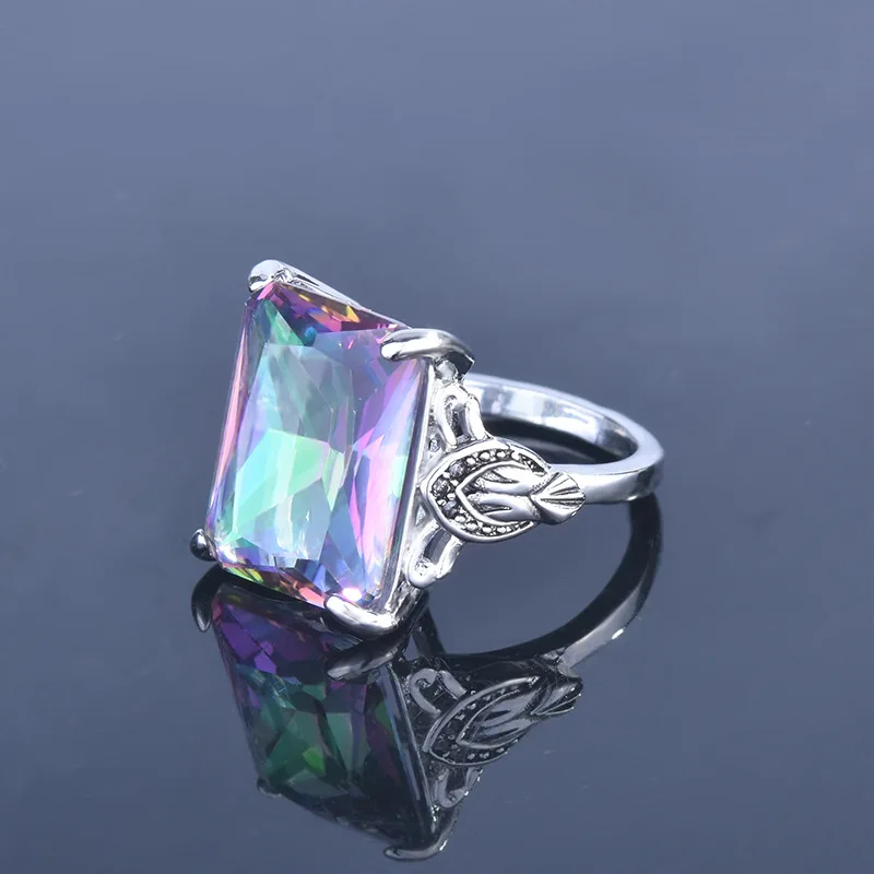 Colorful topaz square diamond silver ring, creative personality set with rainbow gemstones