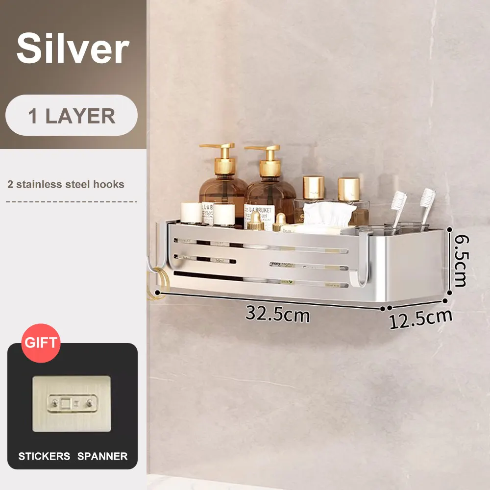 1-2PCS Badkamer Hoekplank met Plastic Haak Handdoekstang Geen Boorruimte Aluminium Douche Opbergrek Badkamer Organizer - afbeelding 1