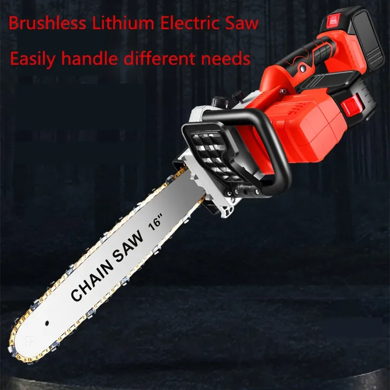 เลื่อยโซ่ไฟฟ้าไร้สายแบบมือเดียว ขนาด 16 นิ้ว แบบสองโซ่ ใช้มอเตอร์ไฟฟ้า แบตเตอรี่ลิเธียมแบบพกพา