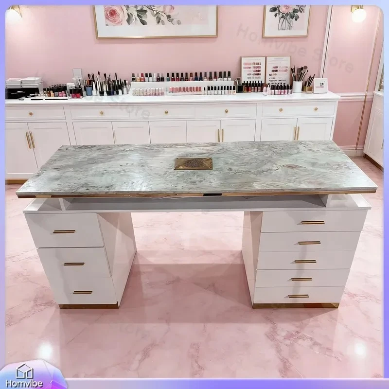 Marble Countertop Manicure Table with Built-in Vacuum Cleaner Drawers and MDF Frame Custom Size Salon Furniture Nail Station