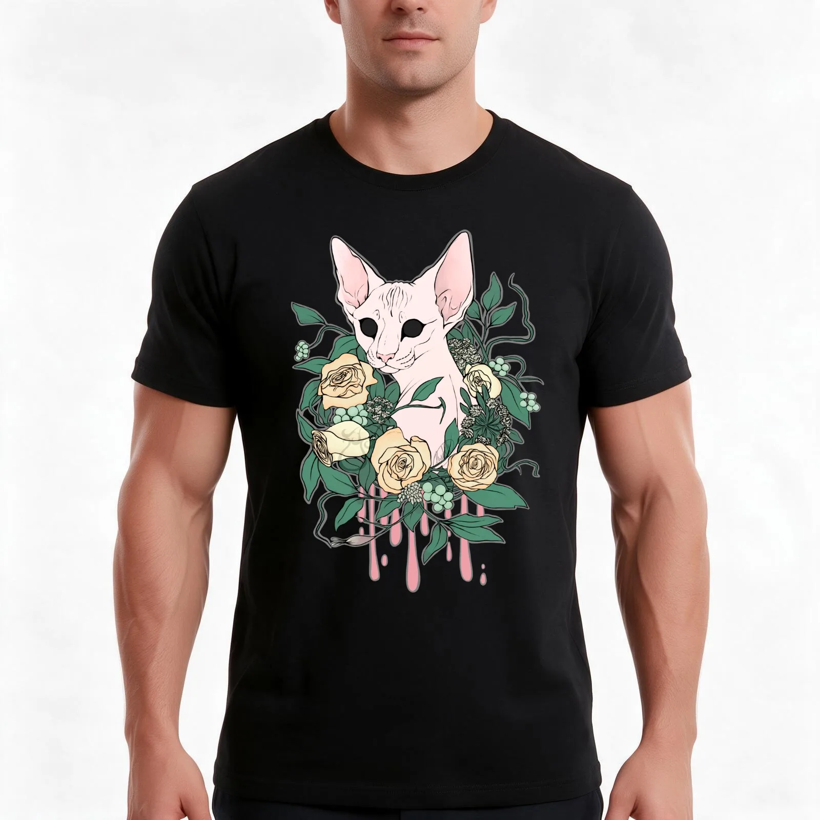 Light Floral Feline T-Shirt, Summer Casual Cotton Tee, Oversized Streetwear Tops, Vintage Graphic Print, Loose Fit Short Sleeve