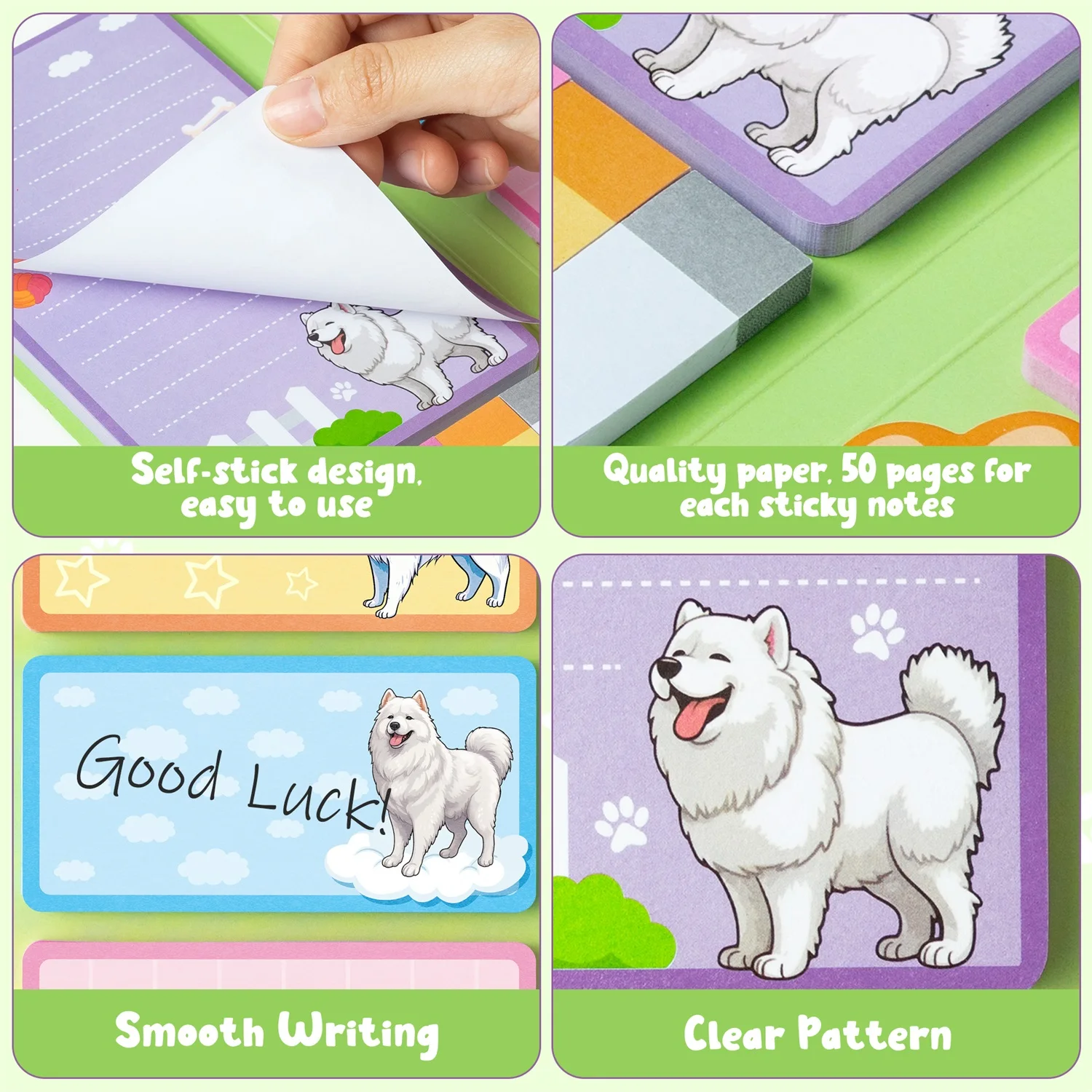 Samoyed Sticky Notes Set Cute Samoyed Self-Stick Notes Pads Animal Divider Tabs Bundle Writing Page Marker Office Supplies Gift