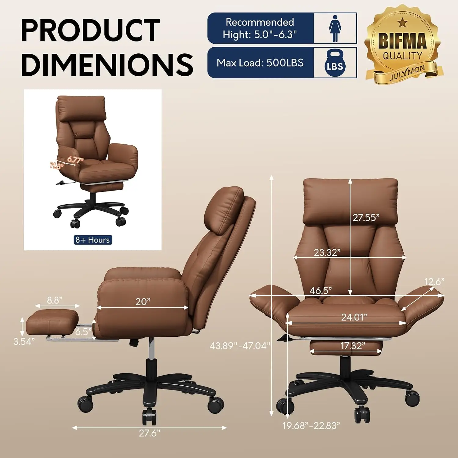 Cross Legged Office Chair Pet Friendly Seat Plus Size Desk Chair Foot Rest Reversible Armrests Wide Seat Brown Customized