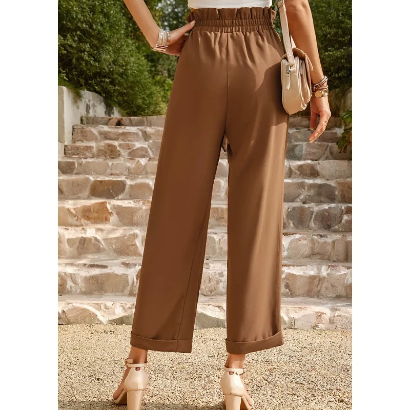 Calça casual solta de cintura alta feminina, calça reta, roupas de deslocamento, moda feminina, monocromática, verão, 2024