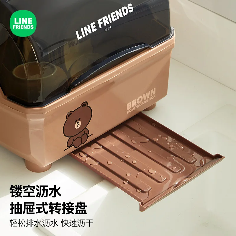 LINE FRIENDS Brown Household Chopstick Bowl Plate Storage Box 2024 Anime Kawai Kitchen Multi Functional Bowl Plate Drain Rack