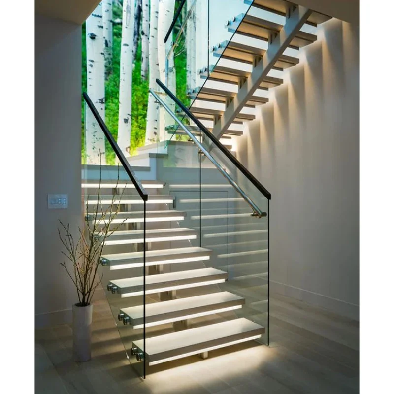 custom.Factory Prices Modern Design Luxury Stainless Steel Tempered Glass Wooden Floating Staircase