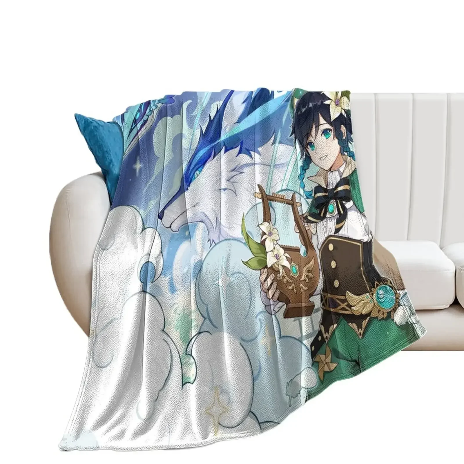 Genshin Impact - Venti, Dvalin and Wolf of The North Official Artwork Throw Blanket Shaggy Soft Beds Single Blankets