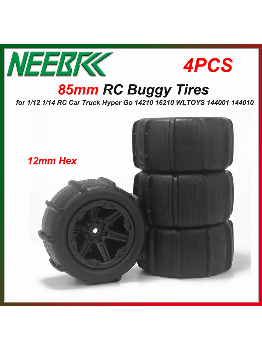 4 Stück NEEBRC 85mm Buggy-Reifen 12mm Sechskant-Räder für 1/12 1/14 RC Monster Truck Hyper Go 14210 16210 WLTOYS 144001 144010 124016