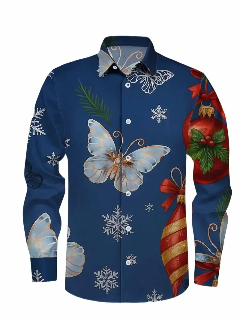 2026 New Men's Festive Holiday Party Long Sleeved Shirt with 3D Christmas Print, Fashionable Elegant Snowman New Year Soft Shirt